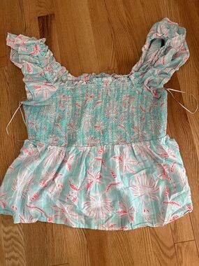 Vineyard Vines Mint Smocked Ruffle Tank with Coral Accents